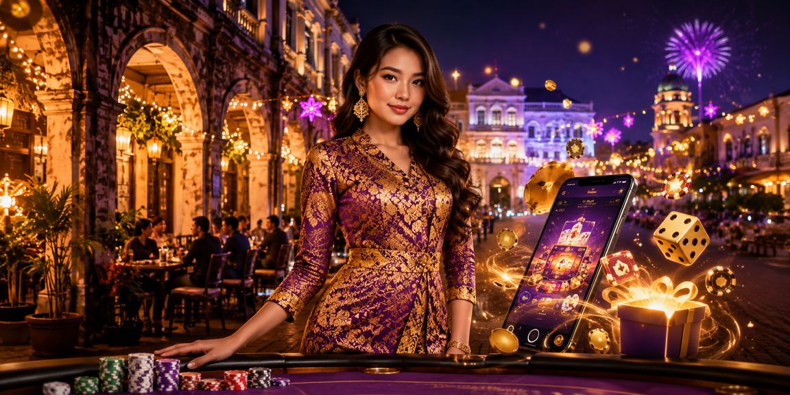 Suasana pertaruhan kasino dalam talian bergaya batik Ipoh dengan nuansa biru dan emas